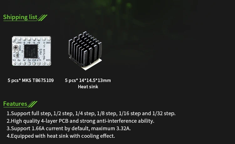 5 шт./партия, запчасти для 3D-принтера StepStick MKS TB67S109 Драйвер шагового двигателя, поддерживающий 1/32 микрошагов и максимальный ток 3.3A