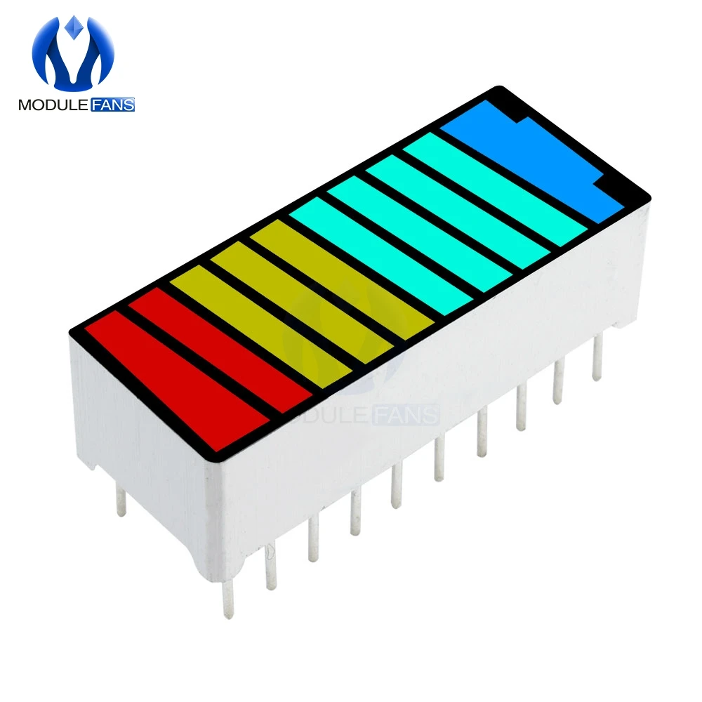 5 шт., 10 сегментов, 4 цвета, светодиодный индикатор уровня заряда батареи, красный, желтый, зеленый, синий, многоцветный, 5 В, светильник