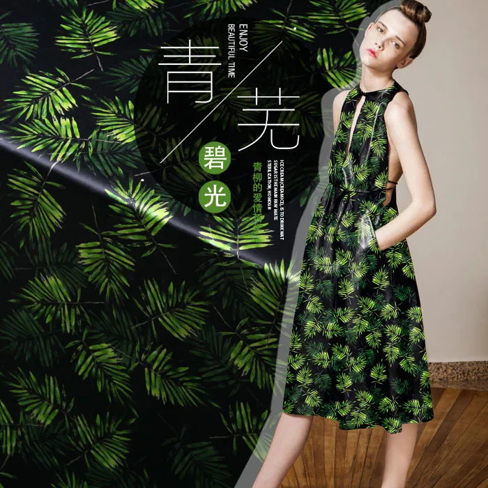 

Green Leaves Print Black Silk Fabric By Meter Width 46 Inch Elastic Material Vintage