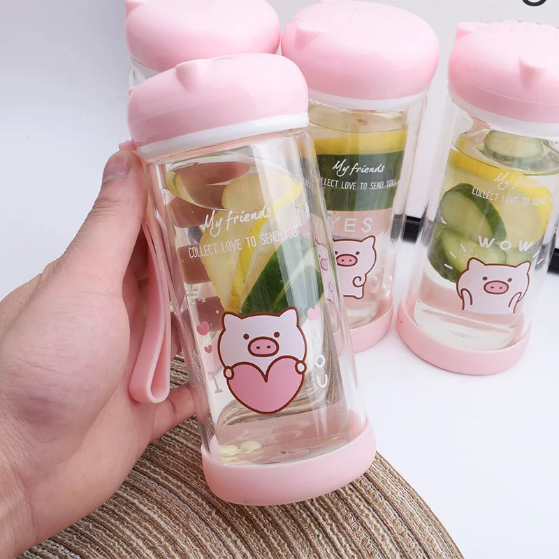 

Kawaii Double Glass Water Bottle Kids Mini Creative Girl Cute Glass Simple Student Cups Wholesale Crystal Water Bottle Pink