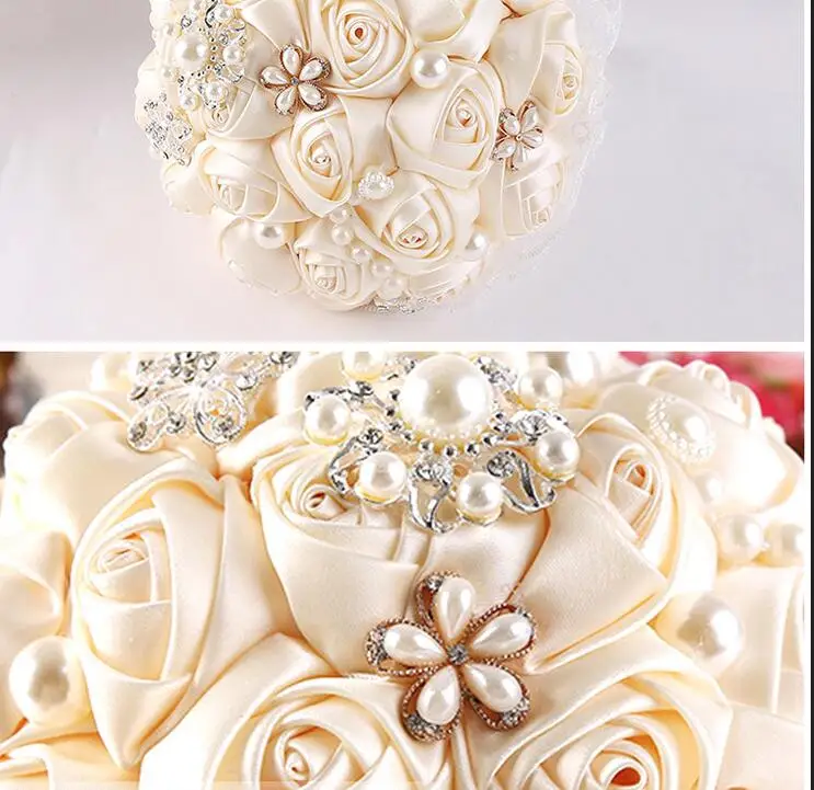 AYiCuthia великолепные бисером жемчужина Букеты Свадебные Ivory Rose невесты цветы Искусственные Свадебные букеты S22