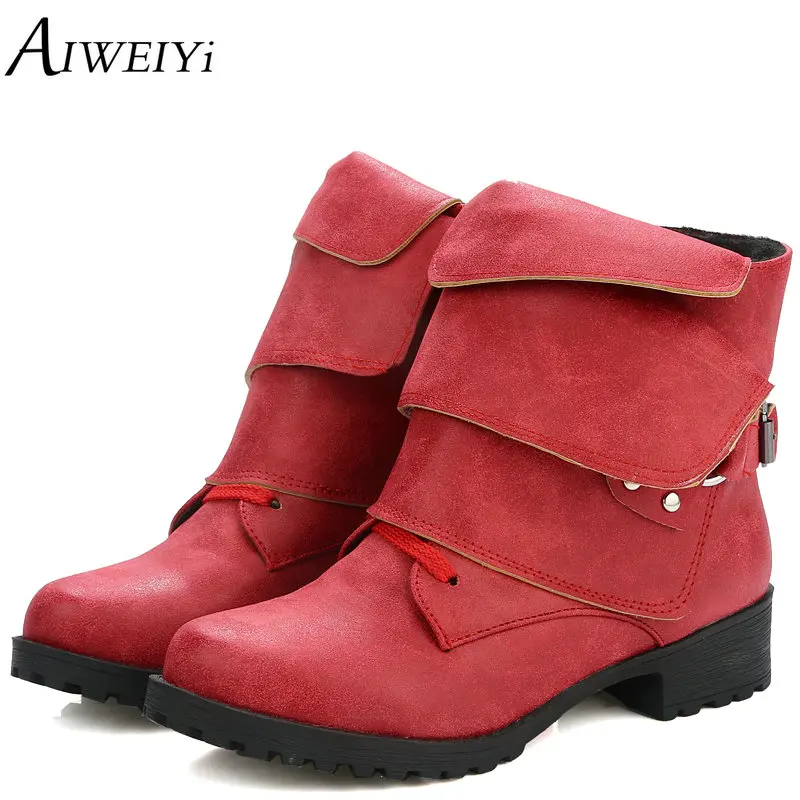 

AIWEIYi Ankle Boot Soft PU Leather Women Boots Buckle Design Short Plush Autumn Winter Boots Plus Size Shoes Woman Martin Boots