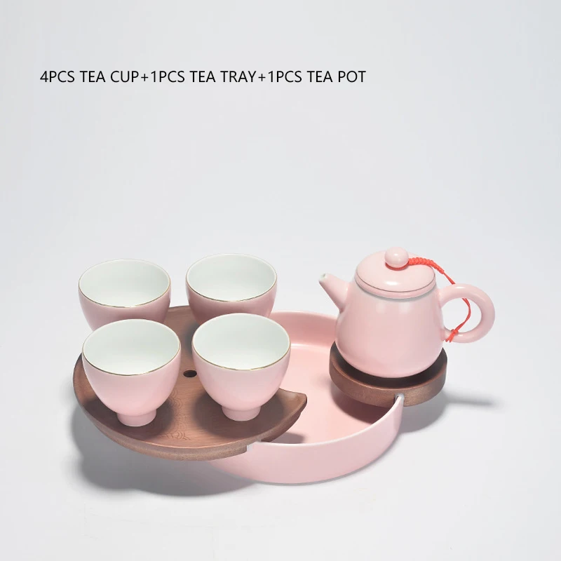 

Brief Chinese Pink Gaiwan Ceramic Pottery and Porcelain Kung Fu Tea Set Oolong Teapot Tea Kettle Teacup Tray Kit for Friend Gift