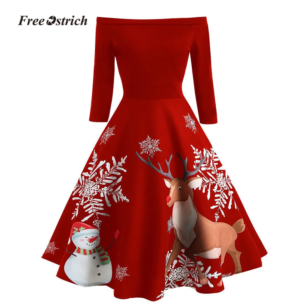 Женское рождественское платье с рисунком страуса, винтажное вечернее платье с открытыми плечами, сексуальное летнее элегантное платье