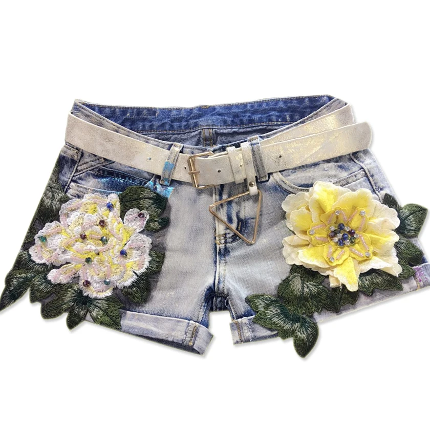 

European Style Fashion Trend Yellow Flower Patchwork Stitch Elegant Summer Design Female With Belt Lady Jeans