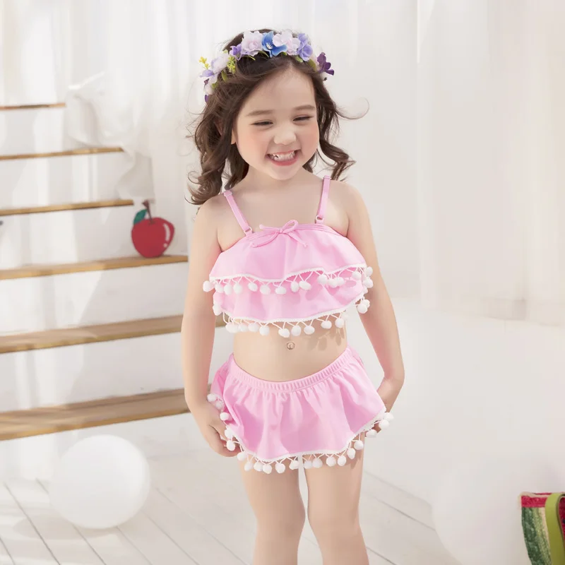 

girl pink swimsuit kids bikini set children two pieces swimwear baby beach suit for 3-9 years old wholesale or retail
