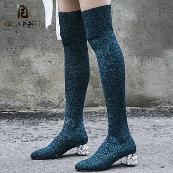 

Prova Perfetto 2018 Fashion Bling Crystal High Heel Socks Boots Women Over The Knee Thigh High Boots Lady Knitting Stretch Boots