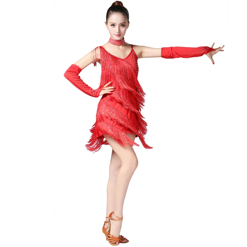 Новый латинский платье для танцев подтяжки кисточкой на сцене костюмы латинские танцевальные практика/конкурс слинг ткань со стразами