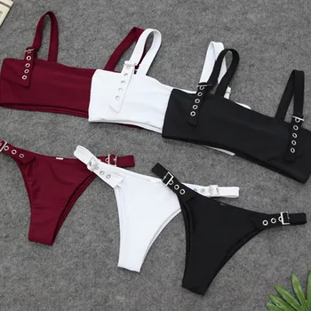 

2019 Two Piece Solid Sexy Bikini Set Women Split Swimwear Halter Bikini Thong Swimsuit Beachwear Maillot De Bain7.36*3