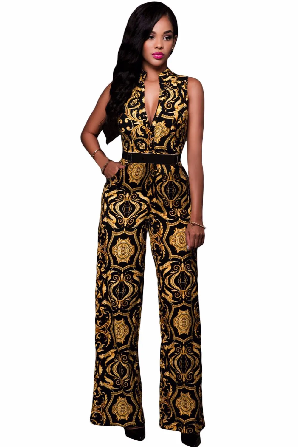 Black-Yellow-Tapestry-Print-Belted-Jumpsuit-LC64195-2-1