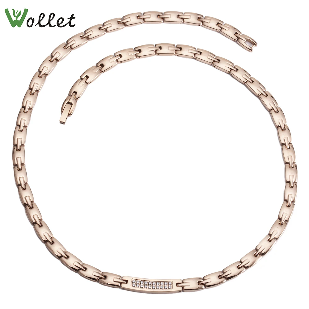 

Wollet Jewelry 99.999% Germanium CZ Stone 316L Health Care Stainless Steel Magnetic Necklace for Women Rose Gold Color Hematite