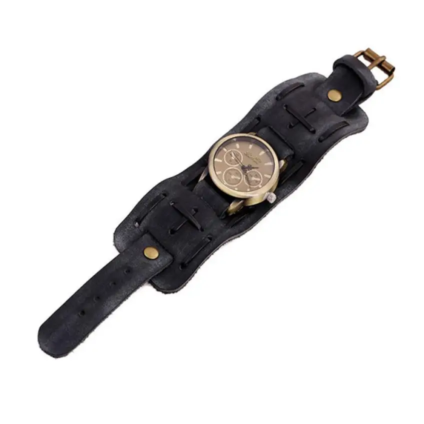 

New Style Retro Punk Rock Brown Big Wide Leather Bracelet Cuff Men Watch Cool casual leather male wrist watches vintage bracelet