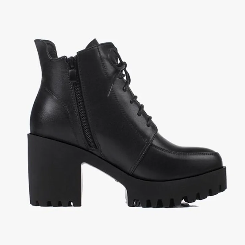 Г. Новые осенне-зимние ботинки женская обувь черные ботинки из коровьей кожи на шнуровке Нескользящие женские ботинки на толстом каблуке теплая шерстяная обувь ботинки на шнуровке