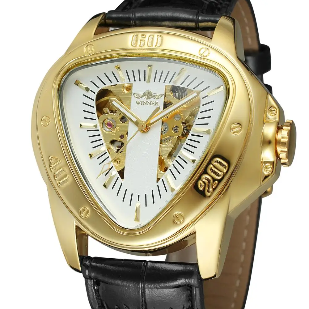 

WINNER Fashion creative triangle surface classic black gold three-pointer belt men wrist watch