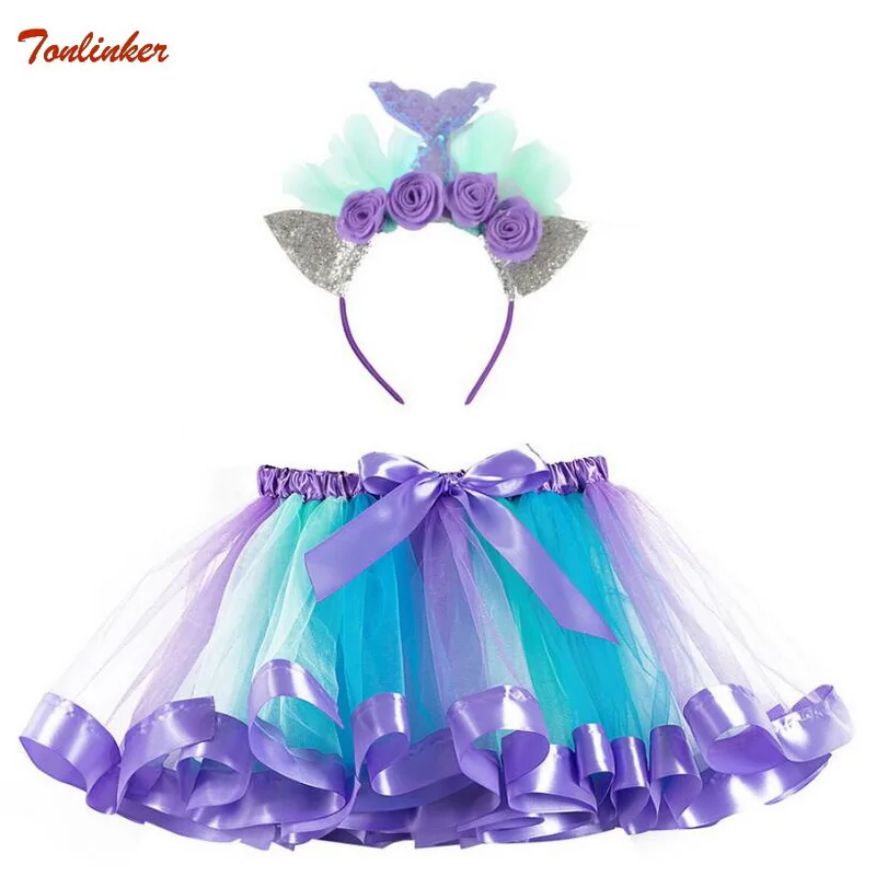 

Girls Unicorn Pony Rainbow Tutu Skirts Mermaid Costumes With Mermaid Hair hoop for Kids Birthday Theme Party Cosplay Costumes