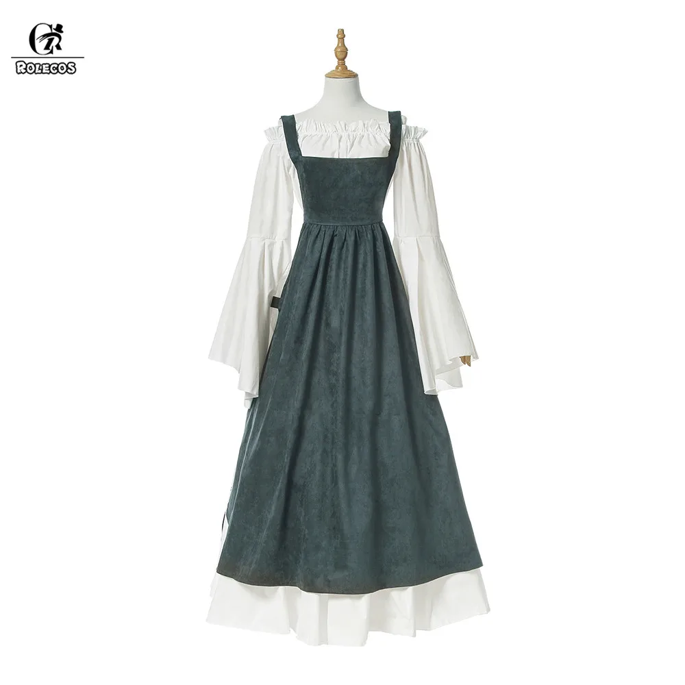 ROLECOS Medieval Renaissance Women Costumes Dress Sets Vintage Victorian White Chiffon Long Dress With Suede Strap Dress Women