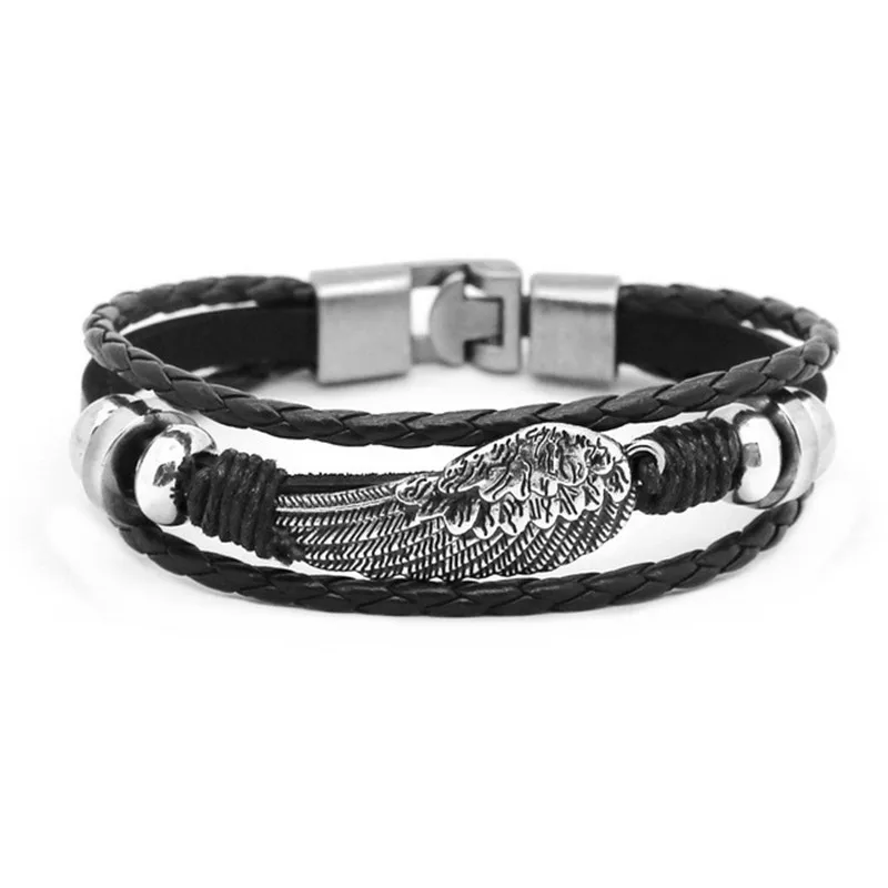 

2019 Angel Wings Multilayer Bracelet Men Casual Braided Leather Bracelets Women Wood Bead Bracelet Punk Rock Jewelry Pulseira