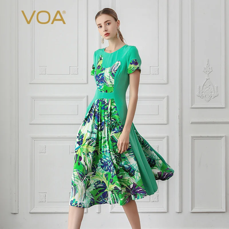 

VOA Heavy Silk Midi Dresses Women Mint Green Floral Print Sweet Short Sleeve Dress Vogue Ladies Casual Boho Fall vestido A995