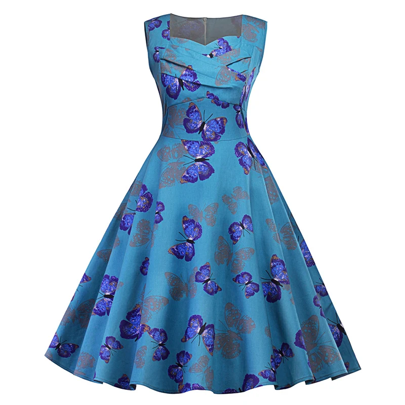 Kostlich Butterfly Print Autumn Dress Women 2017 Blue Audrey Hepburn 50s Vintage Dress Swing Rockabilly Elegant Party Dresses (7)