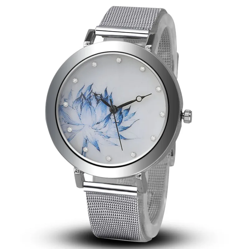 

Women Eiffel Tower Watch Lady Fashion Blue Lotus Rhinestone Watches Stainless Steel Quartz Style WristWatch Mesh belt Relojes