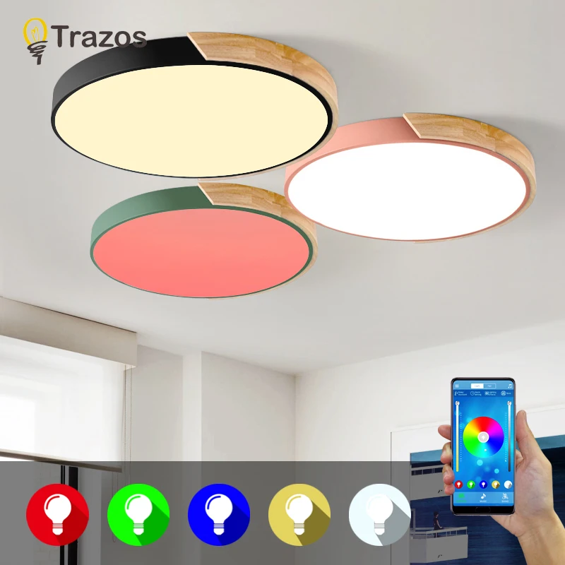 Современные светодиодные потолочные лампы RGB затемнения круглого дерева 5 см приложение дистанционное управление Bluetooth светильник спальня лампы умный потолочный светильник