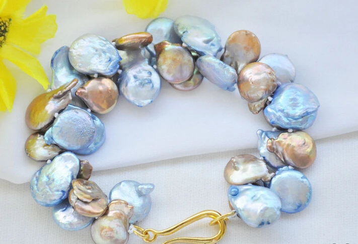 

FREE shipping>>>>z6980 2Strds 14mm coffee blue coin Freshwater cultured PEARL bracelet 8inch