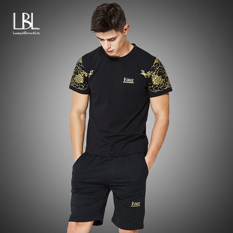 

Fashion Tracksuit Men Set 2019 Summer Track Suits New Brand Two Piece Short Sleeve Print Tshirt Tops+Shorts Sets Mens Sportwear