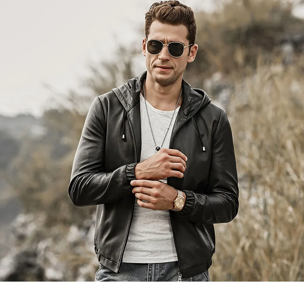 FLAVOR Men's Real Leather Jacket Hoodie 