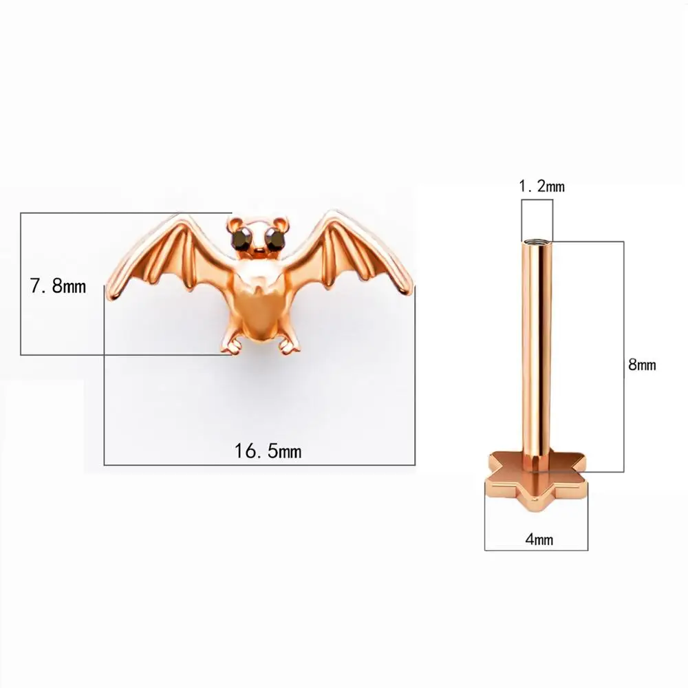 1 шт., изысканная маленькая летучая мышь, CZ глаза, розовое золото, стальная часть, украшения для губ, 1,2*8*4 мм, раковина, трагус, спираль, пирсинг, ореха для женщин/мужчин