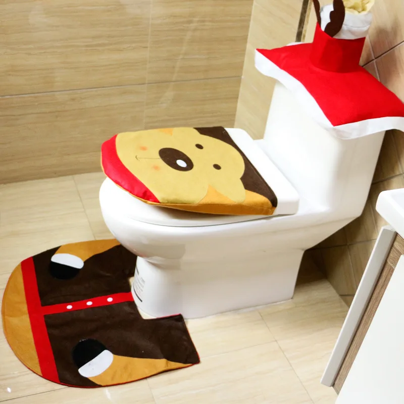 Santa Claus Christmas Family padded Toilet seat cushion covers set warmer Three piece suit Bathroom floor mat Festive decoraion