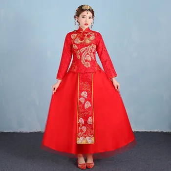 

Bride Traditions Women Phoenix Embroidery Cheongsam Long Qipao Wedding Dress Traditional Chinese Dresses China Clothing Store