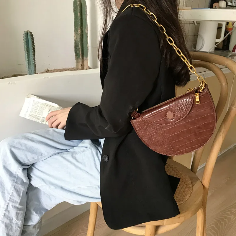 

vintage saddle women shoulder bags designer alligator handbags luxury stone pu leather messenger bag small chain female purse