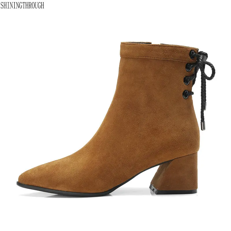 

Pointed Toe Square Heel Women Boots Fashion lace up Ankle Boots Women Shoes Zipper High Heel Boots Shoes Woman Large Size