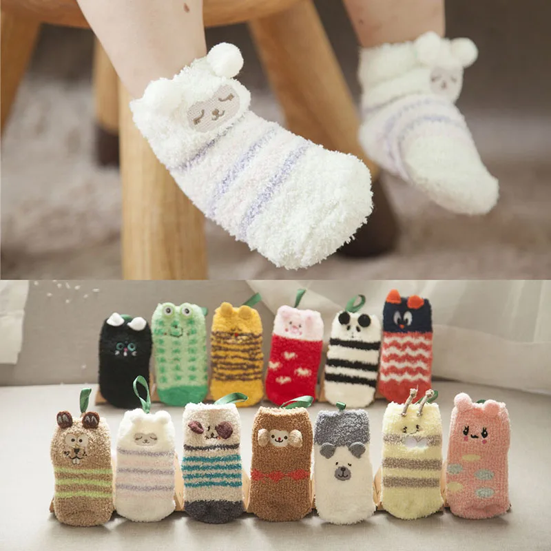 Носки для новорожденных зимние теплые нескользящие носки-тапочки для малышей носки для маленьких мальчиков и девочек с героями мультфильмов детские носки из кораллового флиса Sokken