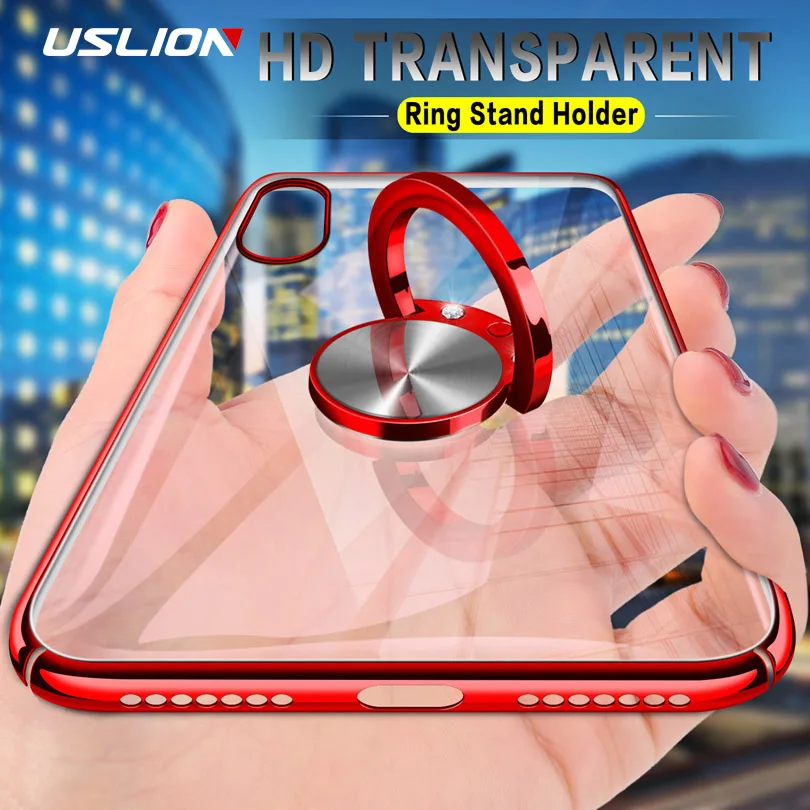 

USLION Electroplating Clear Case For iPhone 7 8 X XR XS Max Ring Stand Holder Hard PC Cover For iPhone 8 7 6 6S Plus Phone Cases