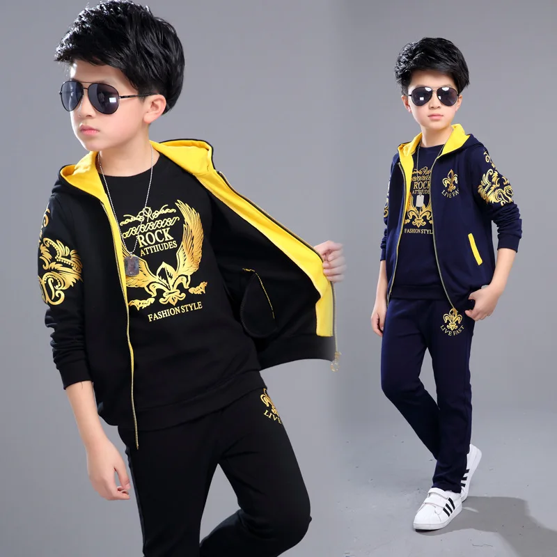 Boys 6-14 Years Sports 3 PCS Set(R Vest+ Pullover Hoodies+ Long Pant) Fashion Soft Cotton Spring Autumn Suits Big Boys Sets