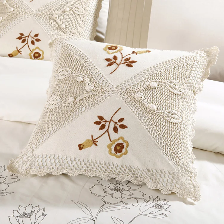 

Cotton cushion cover crochet knits embroidery pillow case cushion case floral yarn linen beige embroidered wholesale