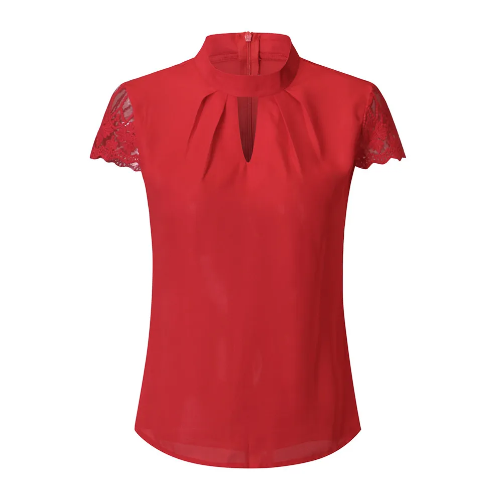

Women Blouse summer fashion 2019 Lace Top Casual Chiffon Short Sleeve Splice blouse women plus size tops shirt femme Black red