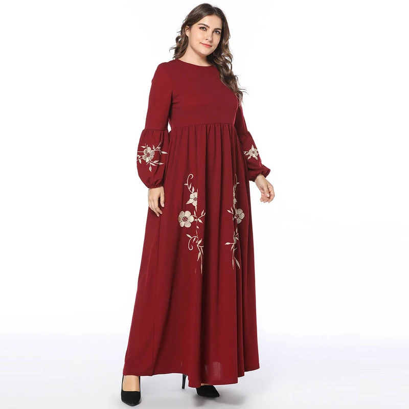 Новый цветок вышивка плюс размеры турецкий для женщин исламское платье Абая костюмы Мода фонари рукавом мусульманское платье халат вина