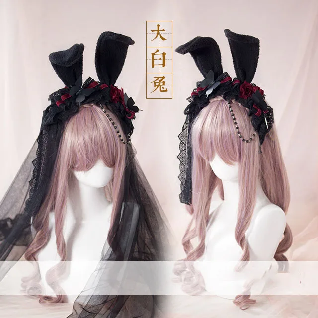 

Handmade Gothic Rose Rabbit Ear Hairband KC With Lace Yarn Lolita Bows Hairclip Headwear Black