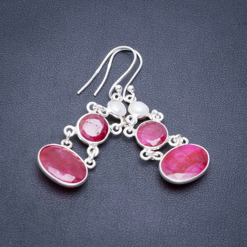 

Natural Cherry Ruby and River Pearl Handmade Unique 925 Sterling Silver Earrings 2" A2193