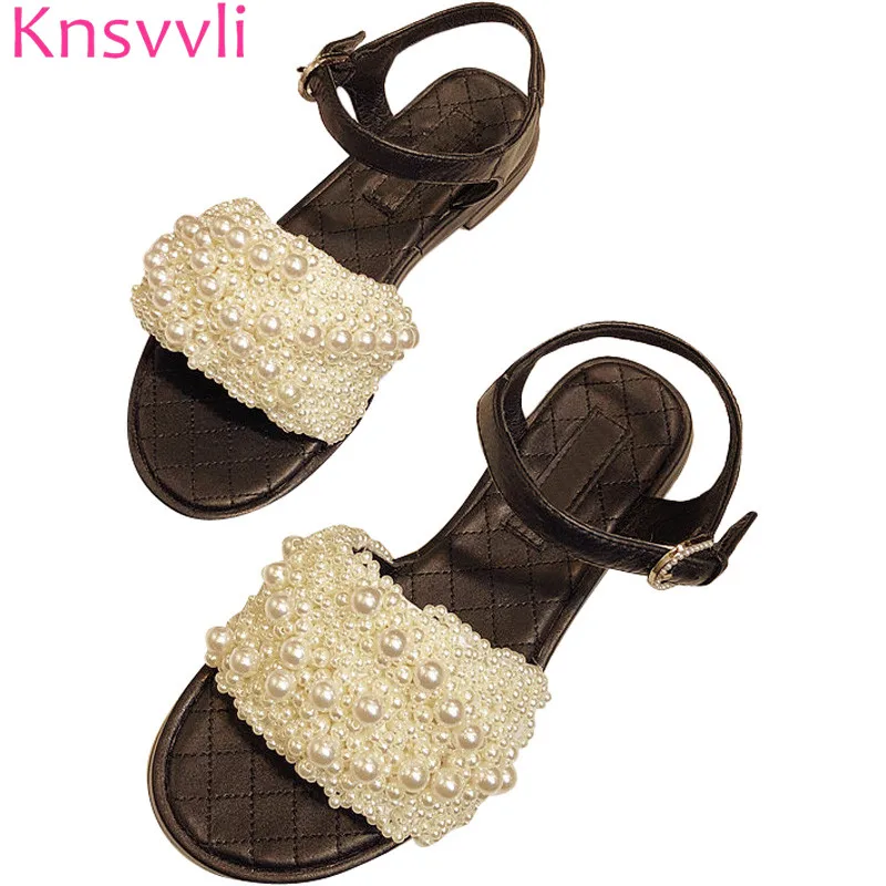 

Knsvvli fashion casual handmade sewed pearl flats sandals woman summer comfort genuine leather one word buckle sandalias mujer