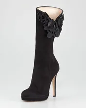 Black Knee High Suede Boots Platform 2015 Handmade Flowers Side Zip Stilettos Boots For Women Shoes Custom Made Size US 14