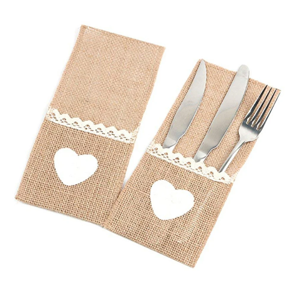 

1pcs Cutlery Bag Jute Bags Lace Burlap Hessian Bag Fork Knife Spoon Holder Wedding Tableware Pouch Party Supplies Sack 11x21cm