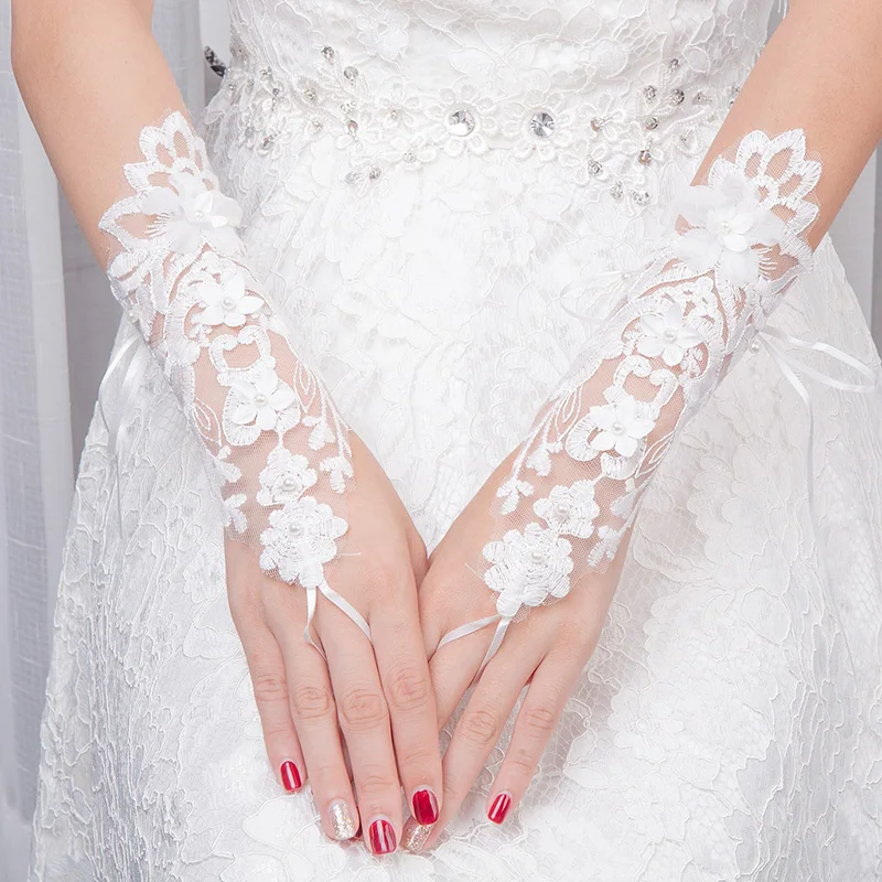 1 пара Свадебные перчатки Кружева Мода выдалбливают цветок росы напалечник платье с перчатками Аксессуары свадебные украшения