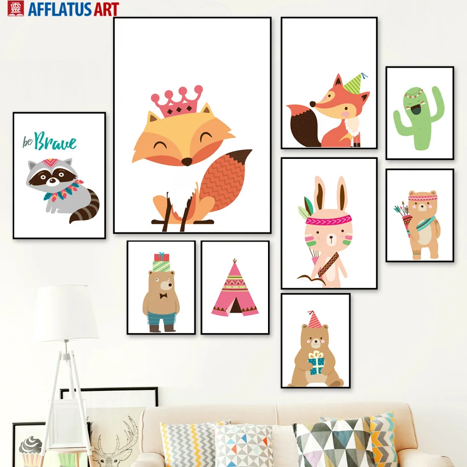 Cartoon Crown Fox Bear Cactus Tent Koala Animal Nordic Posters And Prints Wall Art Canvas Painting Wall Pictures Kids Room Decor