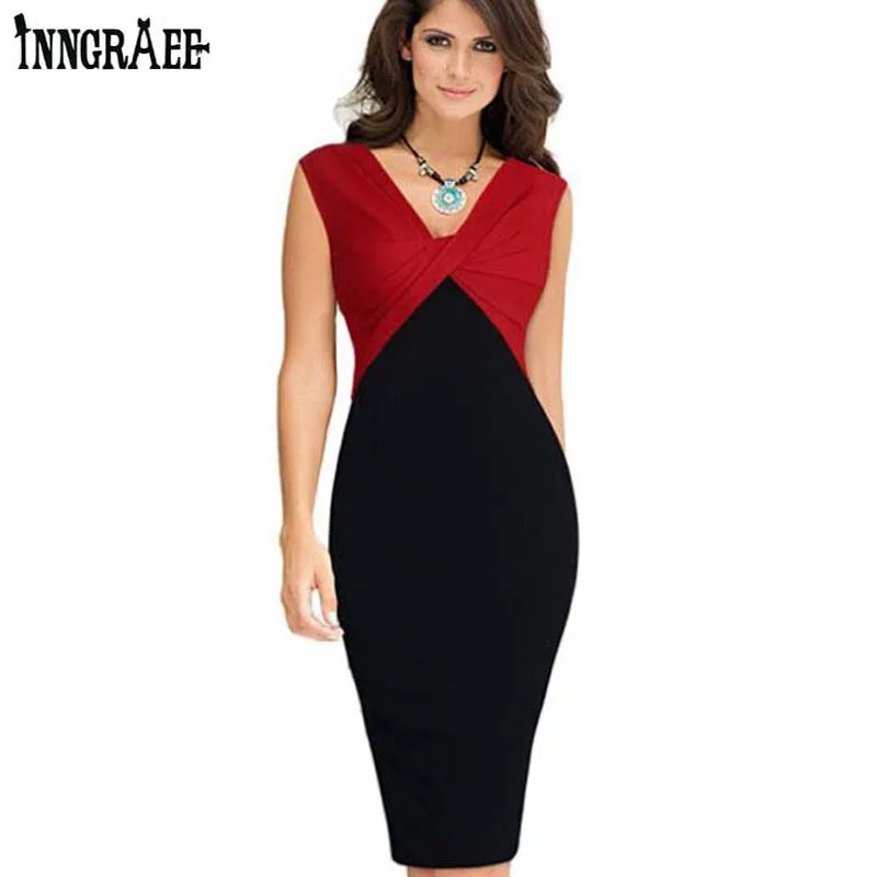 

Summer Style Dresses V-neck Sleeveless Career Women's Fashion Stitching Package Hip Slim Pencil dress NS3886