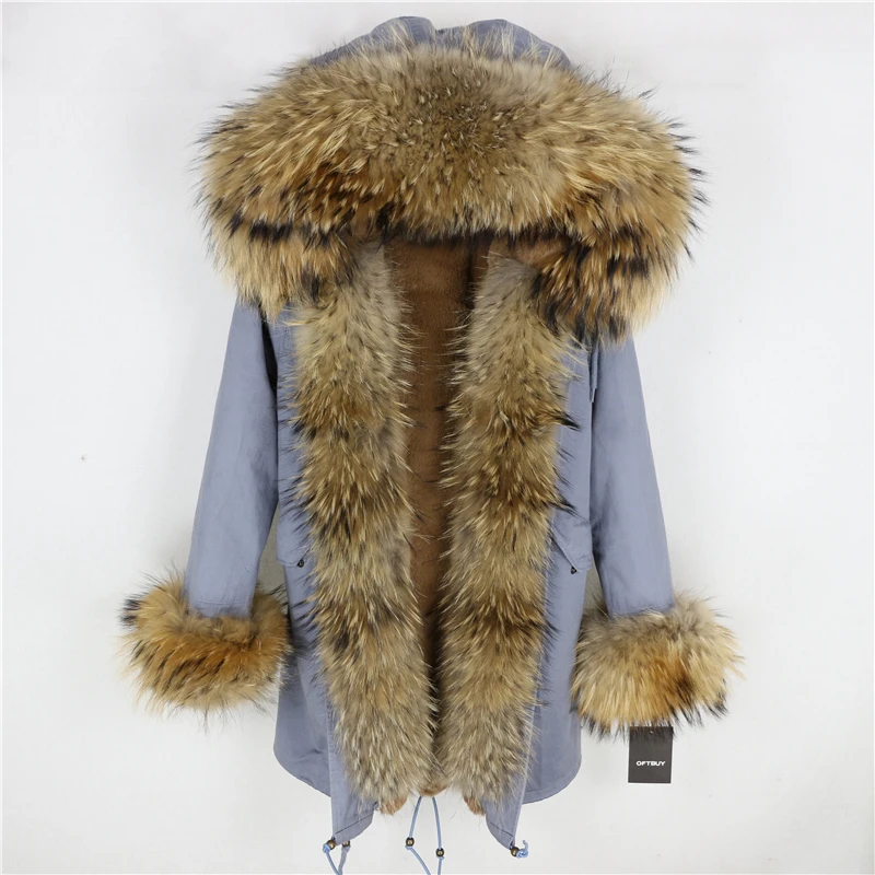 Brand Real Fur Coat Fashion Winter Jacket Women Natural Real Fox Fur Collar Loose Long Parkas Big Fur Outerwear Detachable - Цвет: grey natural