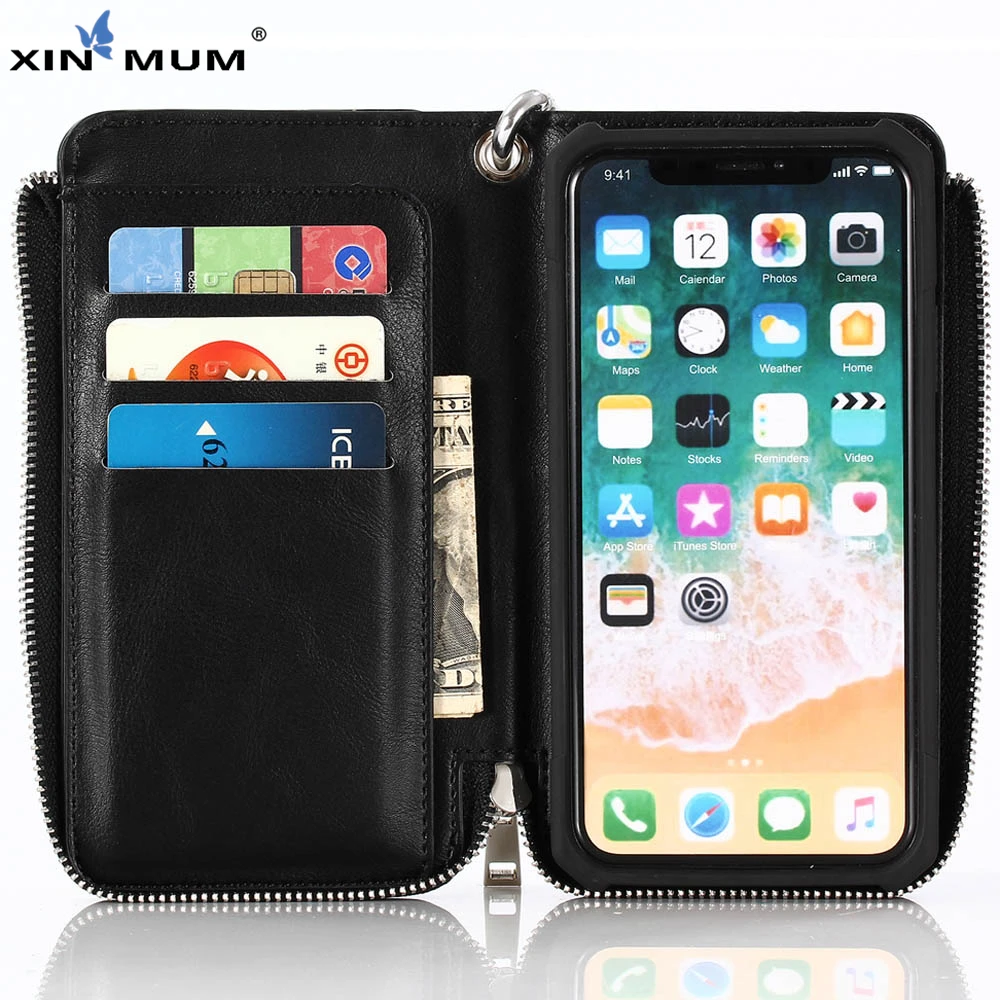 

Retro Multi-function Phone Pocket for iPhone X 8 7 6 6s plus PU Leather Detachable Wallet Phone Case Cover with Hanging Ring
