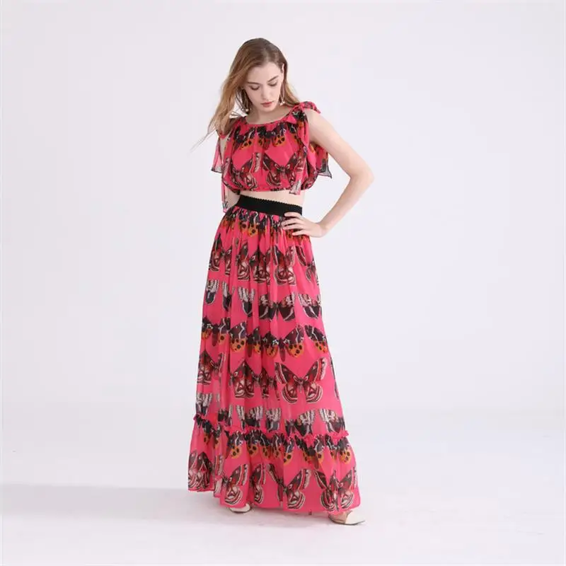 

Runway Set 2018 High Quality Women Clothes Sets Summer Butterfly Printed Top + High Waist Skirt NPD0798